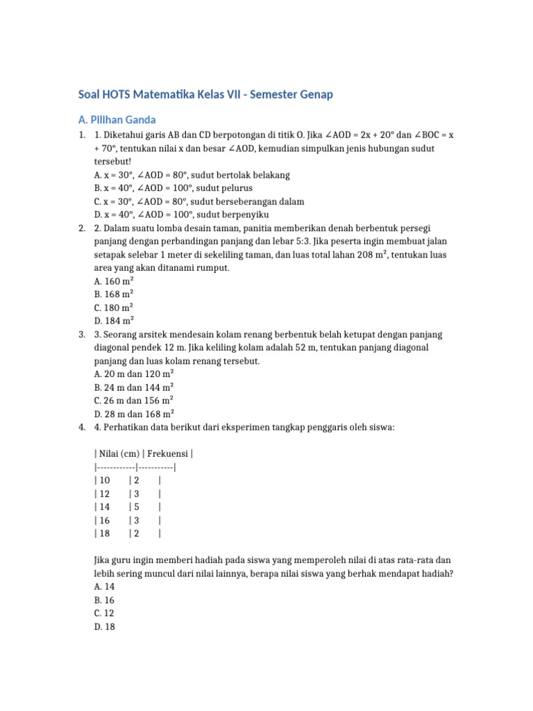 Contoh Soal HOTS Matematika Kelas VII PDF